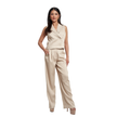 A woman modeling a beige two-piece jumpsuit with a wrap-style sleeveless top and wide-leg trousers, photographed against a plain white background.
