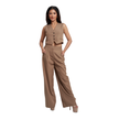 A woman modeling a matching two-piece outfit consisting of a sleeveless cropped vest with front buttons and high-waisted wide-leg trousers, in a solid taupe-brown color, set against a plain white background.