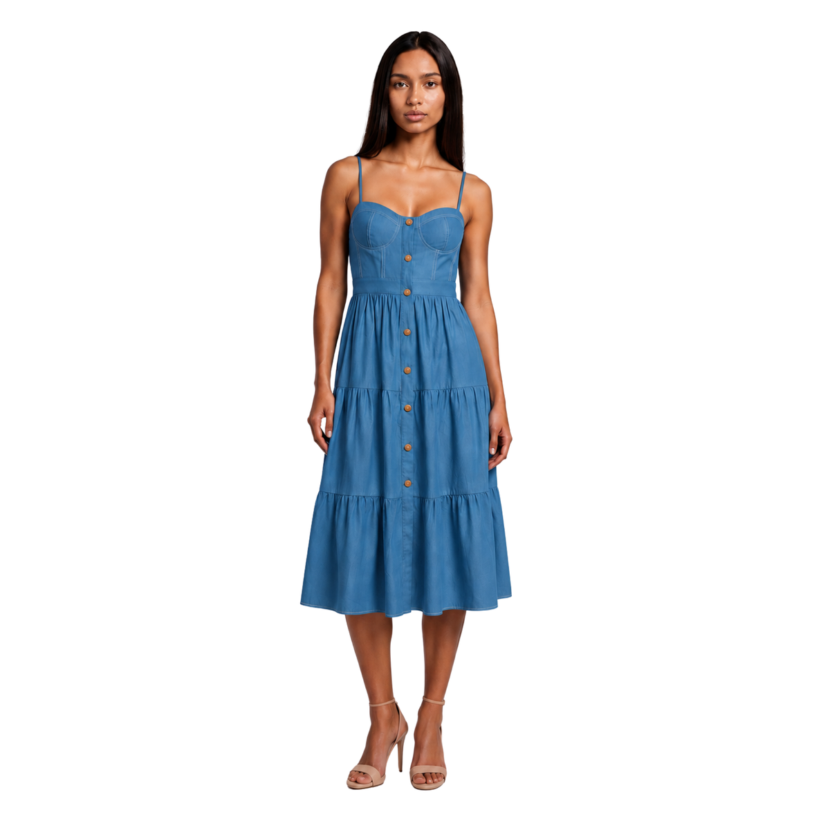 A woman modeling a blue tiered midi dress with thin straps, a sweetheart neckline, and a front button placket, photographed against a plain white studio background.