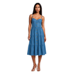 A woman modeling a blue tiered midi dress with thin straps, a sweetheart neckline, and a front button placket, photographed against a plain white studio background.