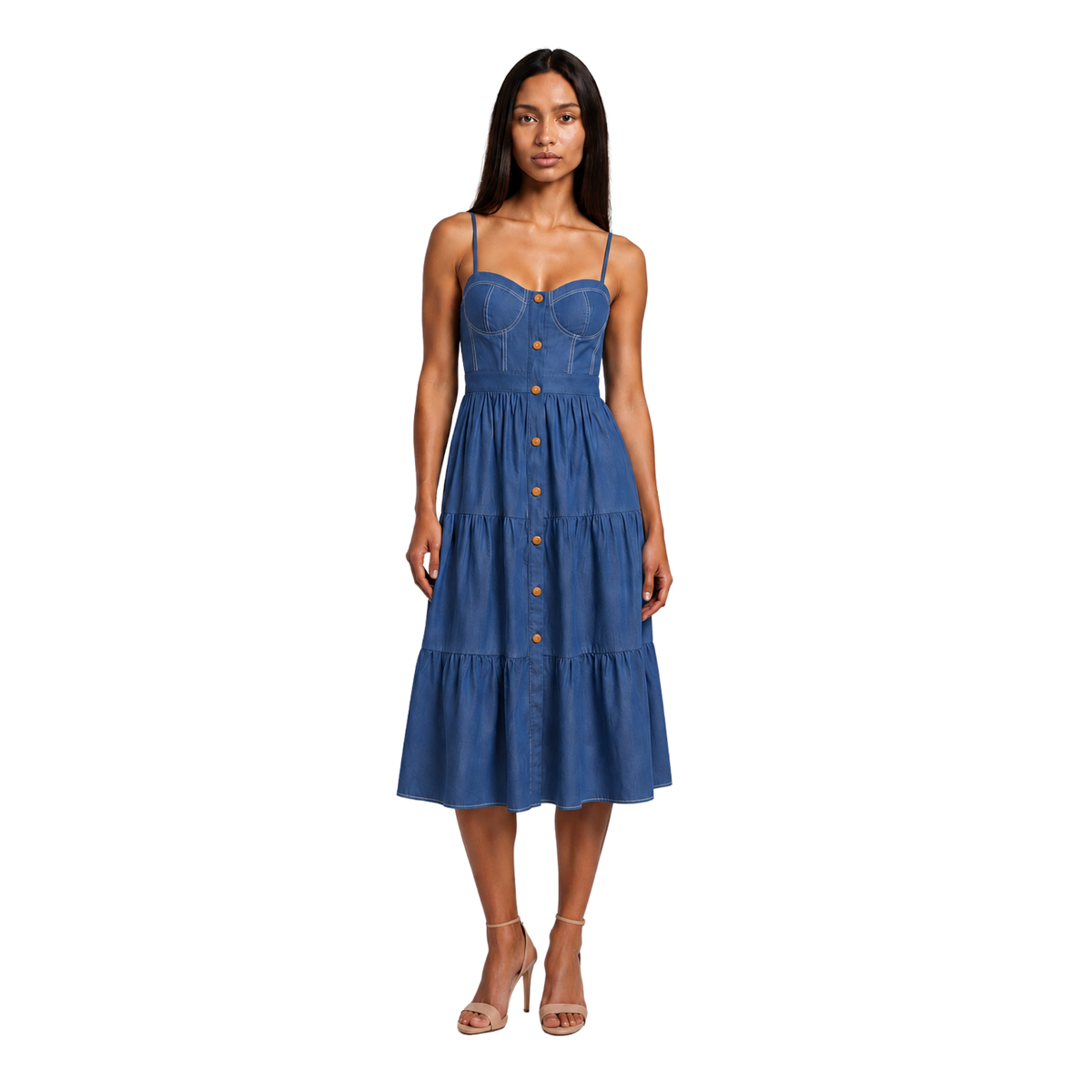 A woman modeling a blue tiered midi dress with thin straps, a sweetheart neckline, and a button-front bodice, photographed against a plain white background.