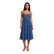 A woman modeling a blue tiered midi dress with thin straps, a sweetheart neckline, and a button-front bodice, photographed against a plain white background.