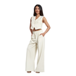 A woman modeling a matching off-white two-piece outfit consisting of a sleeveless cropped vest with front buttons and high-waisted wide-leg pants, set against a plain white background.