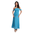 A woman modeling a bright turquoise blue off-the-shoulder maxi dress with a ruched bodice and flowing skirt, paired with beige platform sandals, set against a plain white background.